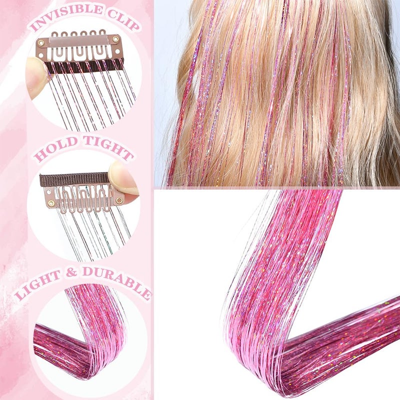 EROADE Hair Tinsel 12 Pcs Clip in Hair Tinsel Kit for Girls 22 Inch Glitter Fairy Tinsel Hair Extensions Colorful Heat Resistant Party Festival Accessories for Women (pink/multicolor-12 Pcs) - Image 3